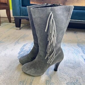 FRINGE GRAY SUEDE LEATHER HEELED WESTERN BOOTS WIDE CALF SIZE 9